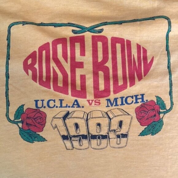 VINTAGE 1983 Rose Bowl T Shirt Womens Medium UCLA vs MICHIGAN CFB Yellow Raw Hem - Picture 3 of 7